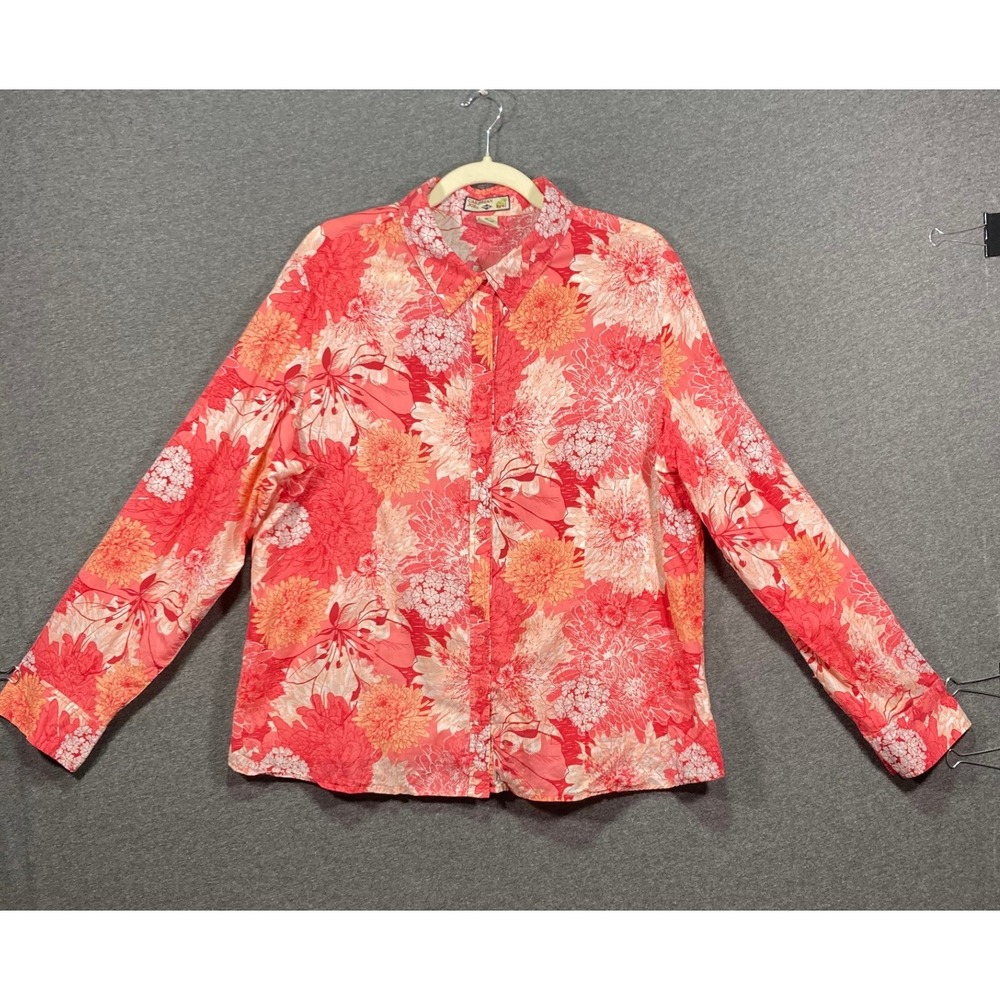 Caribbean Joe Womens XL Floral Button Down Shirt Coral Pink Tropical Cotton 0480